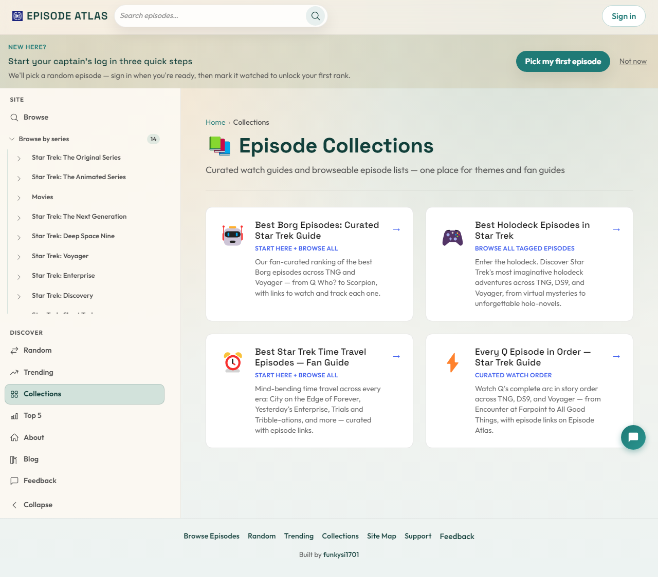 Episode Collections index showing curated Star Trek watch guides for Borg, holodeck, time travel, and Q episodes