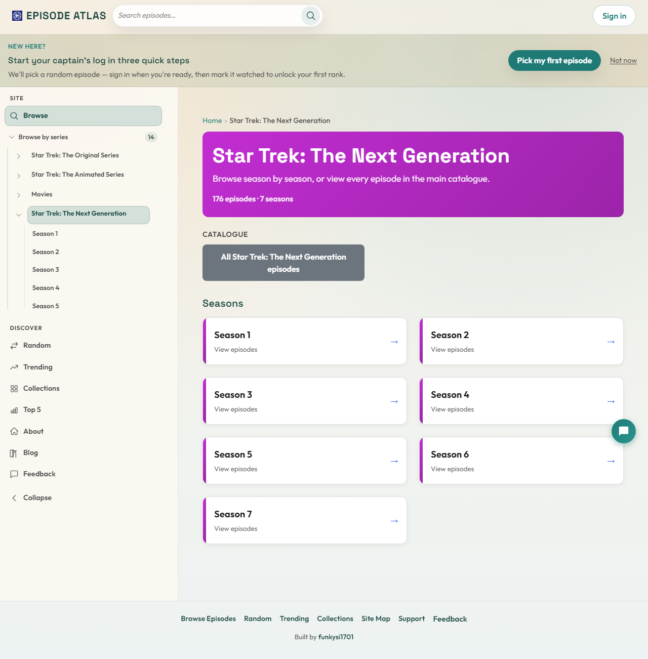 Star Trek The Next Generation series overview with season cards and episode count on Episode Atlas