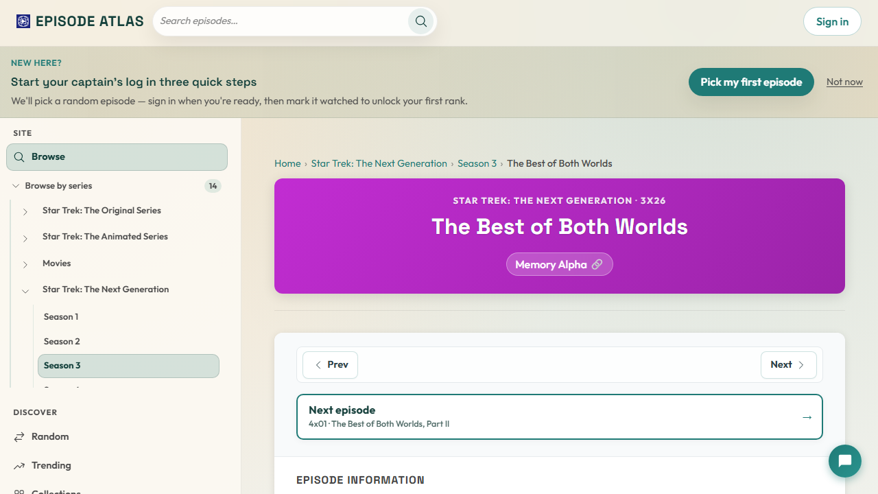 Episode detail page for The Best of Both Worlds showing previous and next navigation, season progress, next episode and watch actions, and captain's log