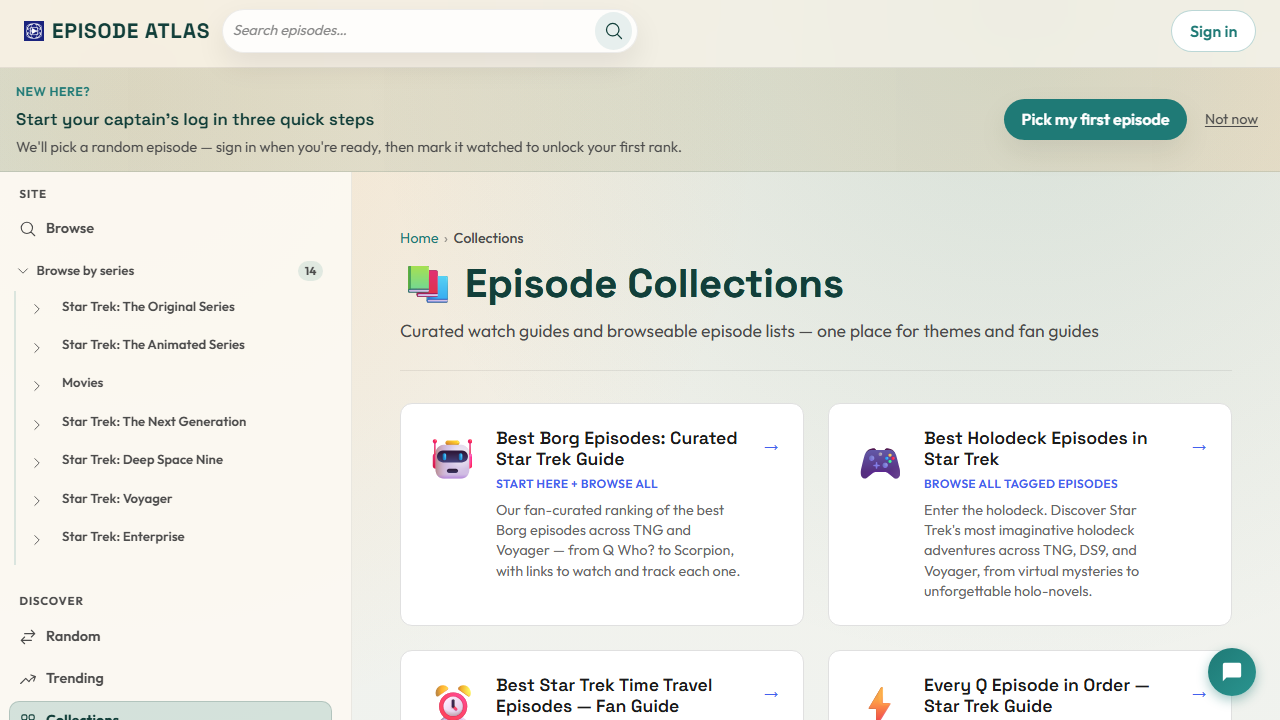 Episode Atlas themes page showing Borg, time travel, and holodeck episode collections